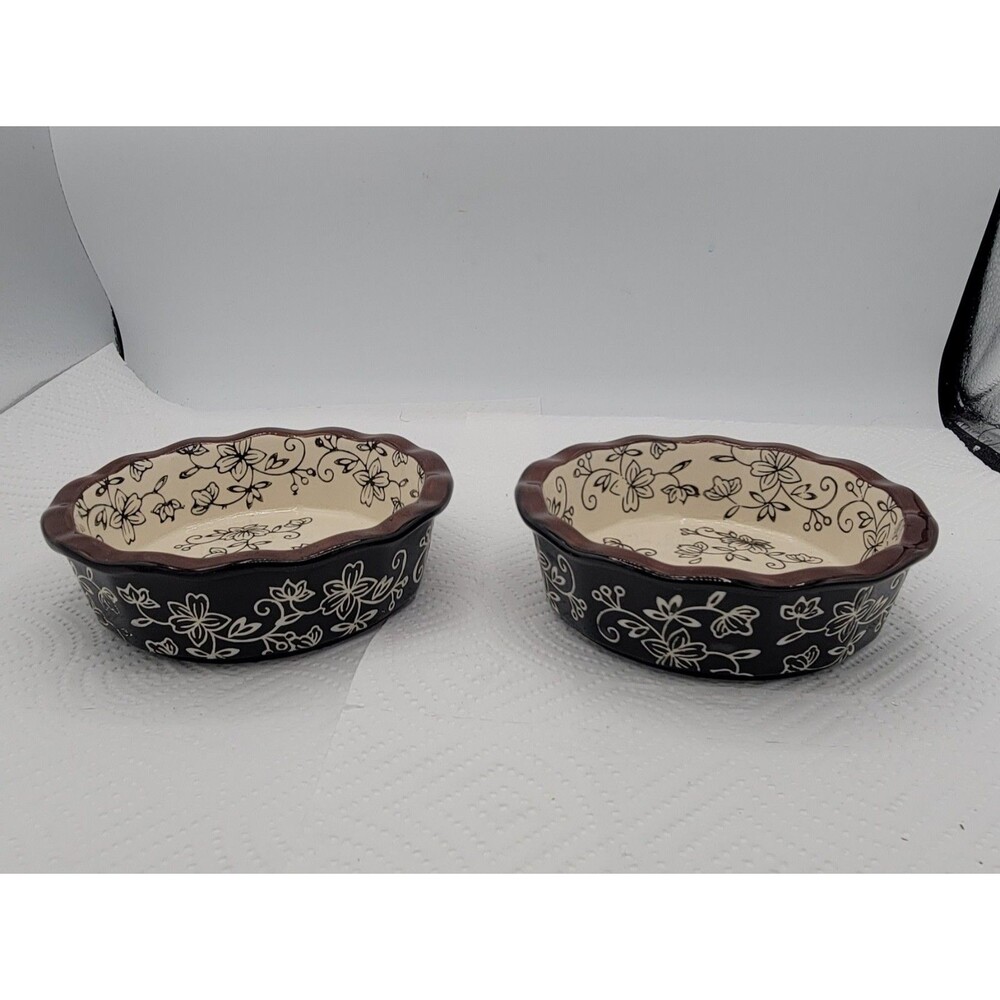 Temptations Oven Ware Floral Lace Black Brown 5 3/4" Mini Pie Quiche Fluted Edge